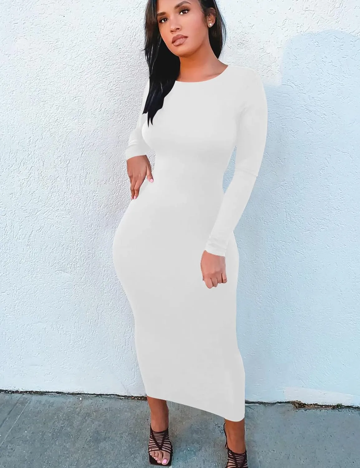 Mokoru Women's Casual Bodycon Long Sleeve Sexy Tight Club Party Midi Pencil Dresses