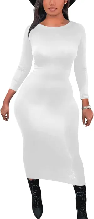 Mokoru Women's Casual Bodycon Long Sleeve Sexy Tight Club Party Midi Pencil Dresses