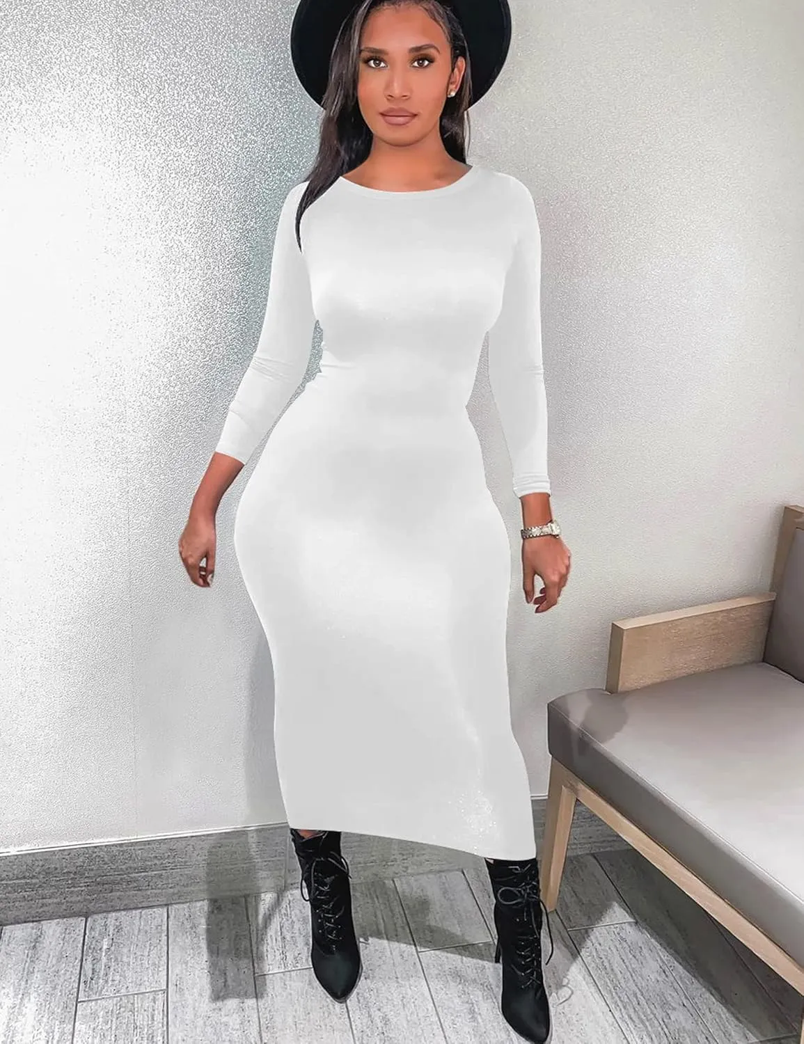 Mokoru Women's Casual Bodycon Long Sleeve Sexy Tight Club Party Midi Pencil Dresses