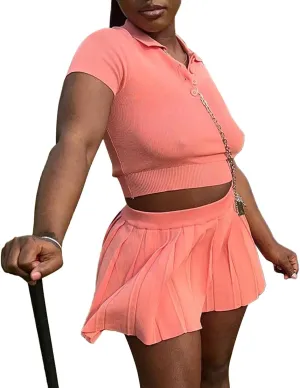 Molilove Knit 2 Piece Tennis Dress for Women Short Sleeve Button Crop Top and Mini Pleated Skirt Golf Workout Outfits