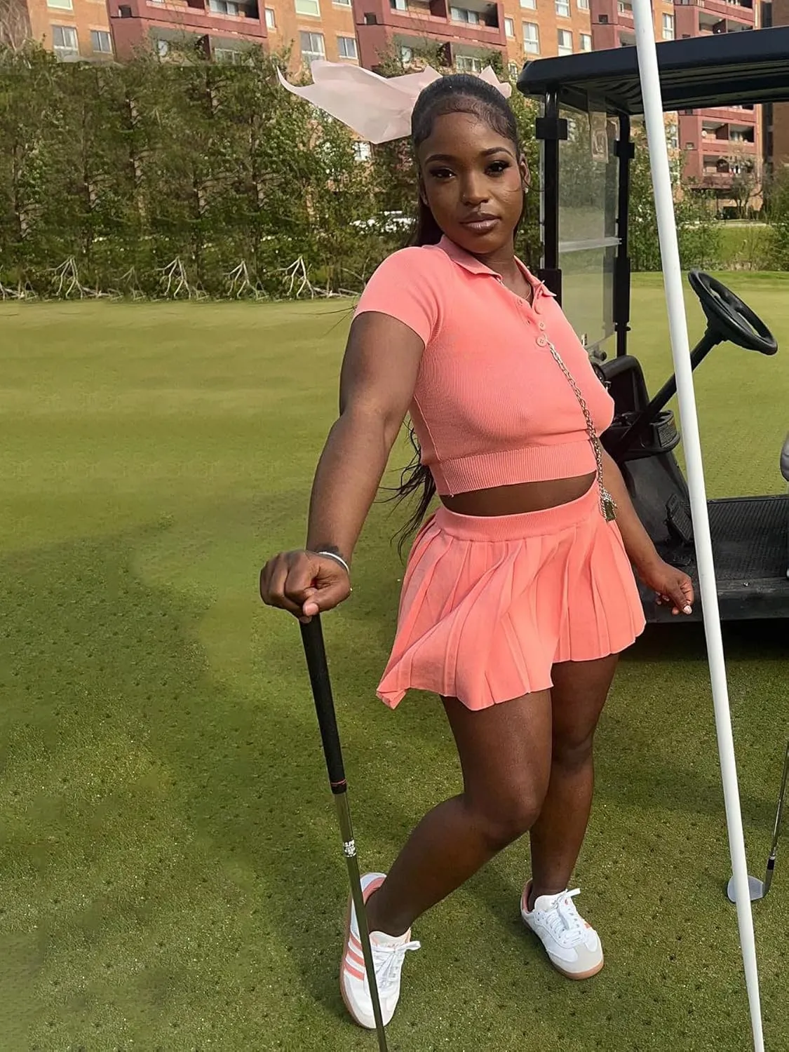 Molilove Knit 2 Piece Tennis Dress for Women Short Sleeve Button Crop Top and Mini Pleated Skirt Golf Workout Outfits