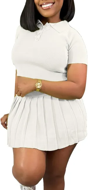 Molilove Knit 2 Piece Tennis Dress for Women Short Sleeve Button Crop Top and Mini Pleated Skirt Golf Workout Outfits