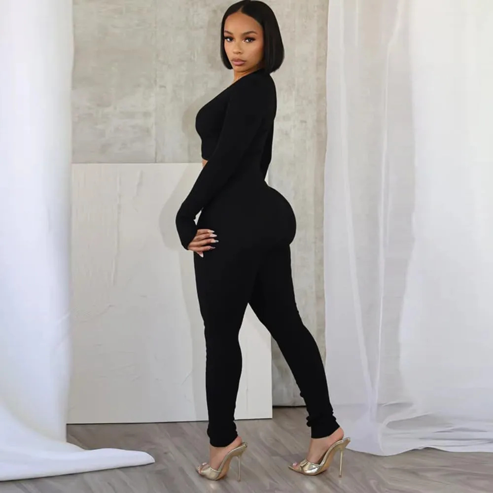 Molilove Women Bodycon Jumpsuits Ribbed Pitted Knit Long Sleeve Solid Color Deep V Neck High Elastic Cut Out Jumpsuits