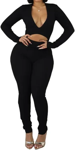 Molilove Women Bodycon Jumpsuits Ribbed Pitted Knit Long Sleeve Solid Color Deep V Neck High Elastic Cut Out Jumpsuits