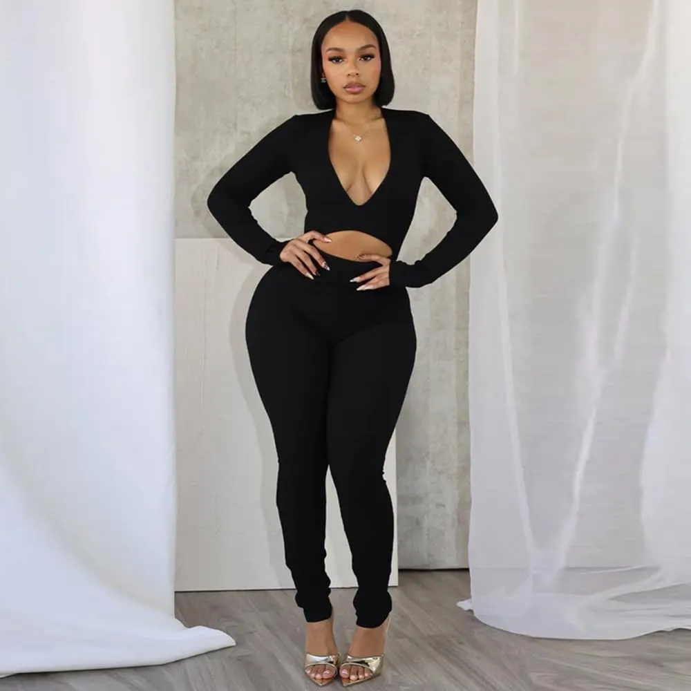 Molilove Women Bodycon Jumpsuits Ribbed Pitted Knit Long Sleeve Solid Color Deep V Neck High Elastic Cut Out Jumpsuits