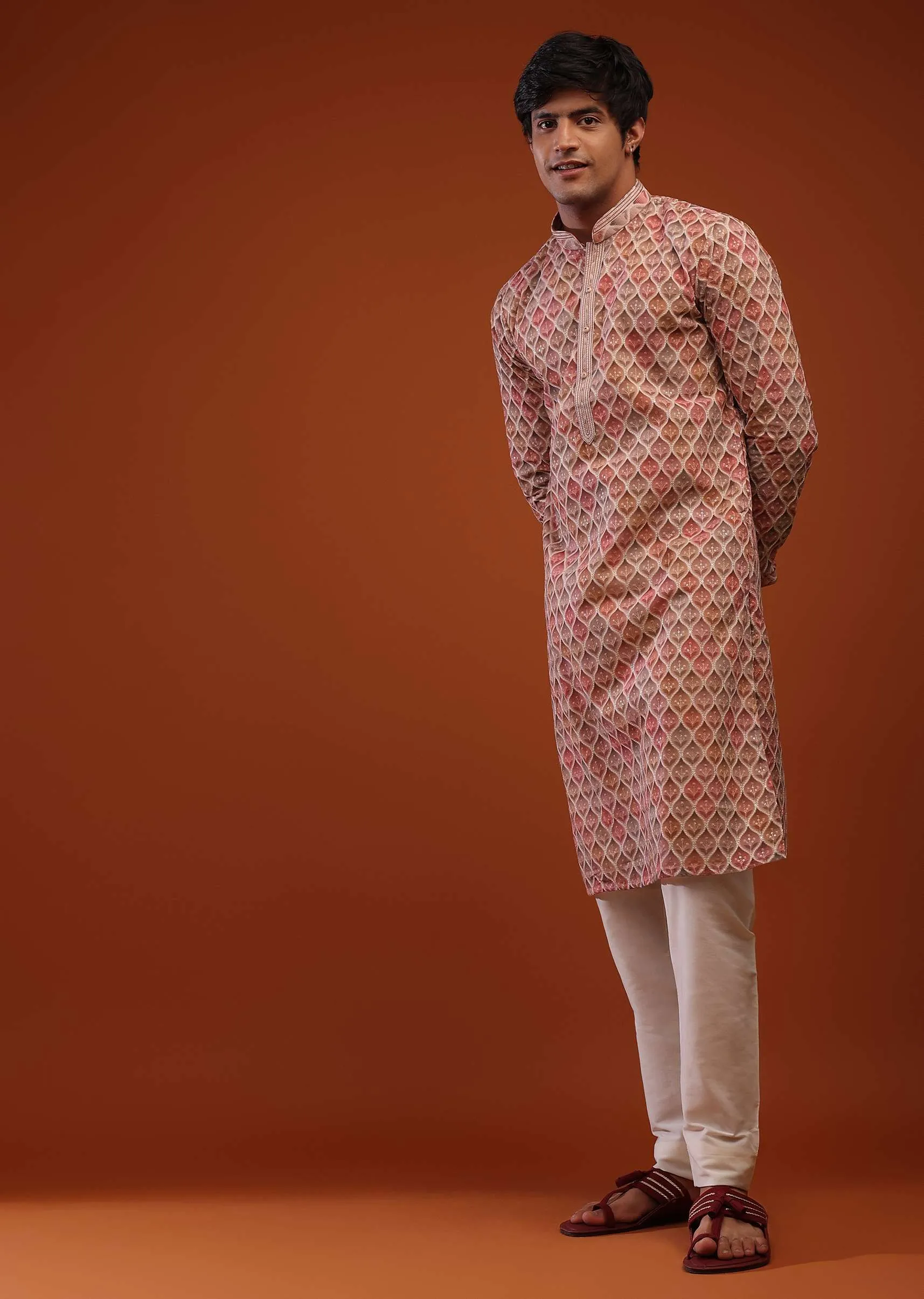 Multi-Color Georgette Kurta In Shaded Block Print, Sequins Embroidery And Floral Buttis