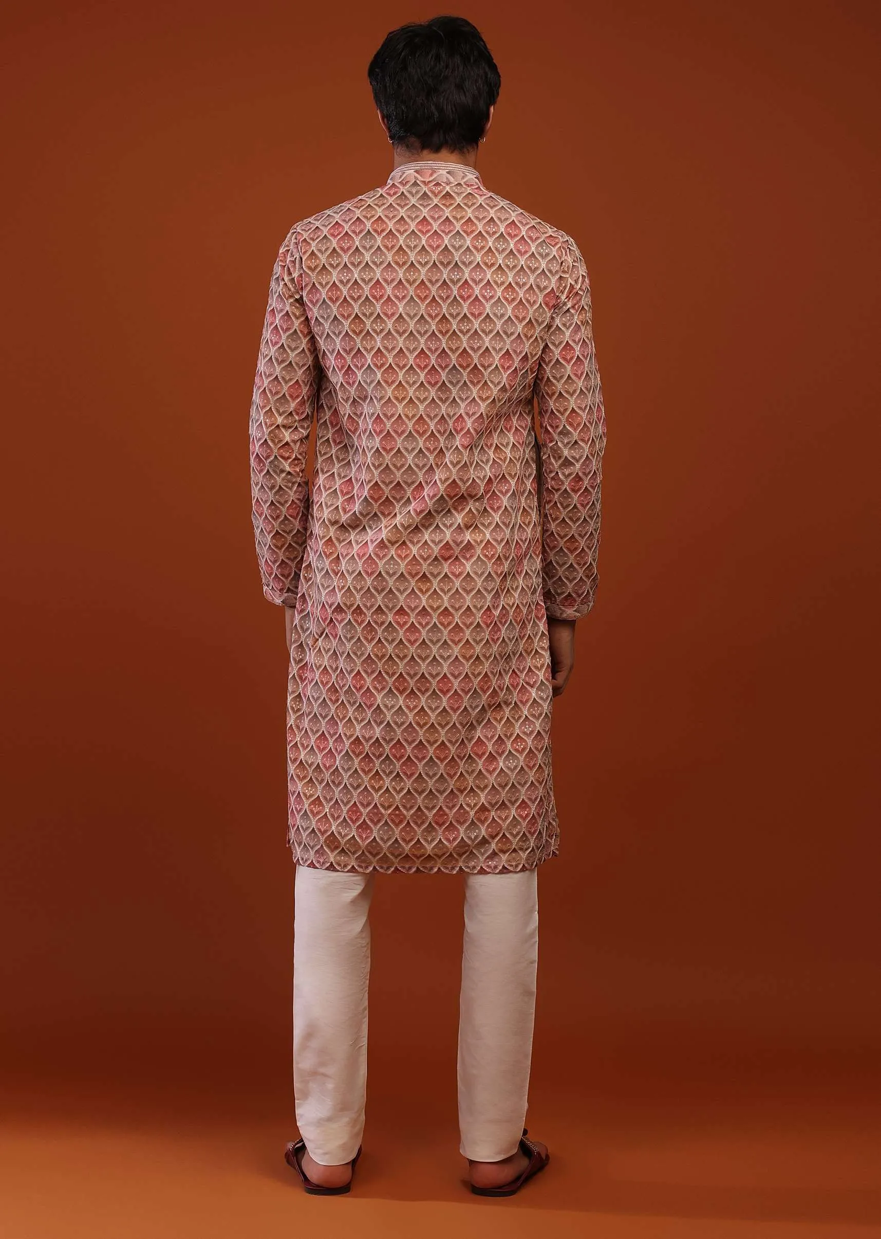 Multi-Color Georgette Kurta In Shaded Block Print, Sequins Embroidery And Floral Buttis