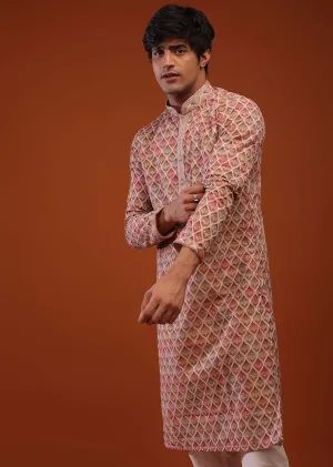 Multi-Color Georgette Kurta In Shaded Block Print, Sequins Embroidery And Floral Buttis