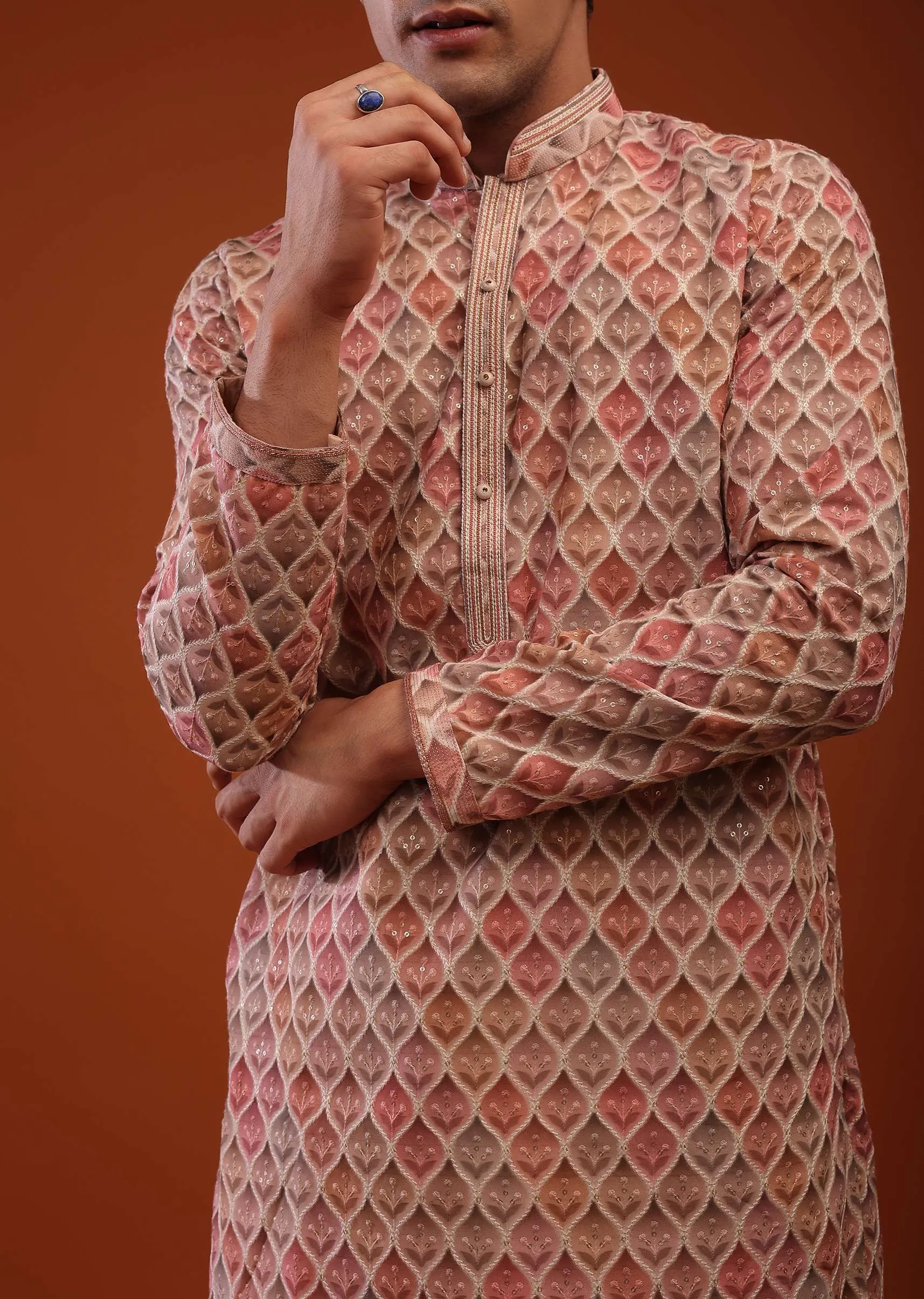 Multi-Color Georgette Kurta In Shaded Block Print, Sequins Embroidery And Floral Buttis