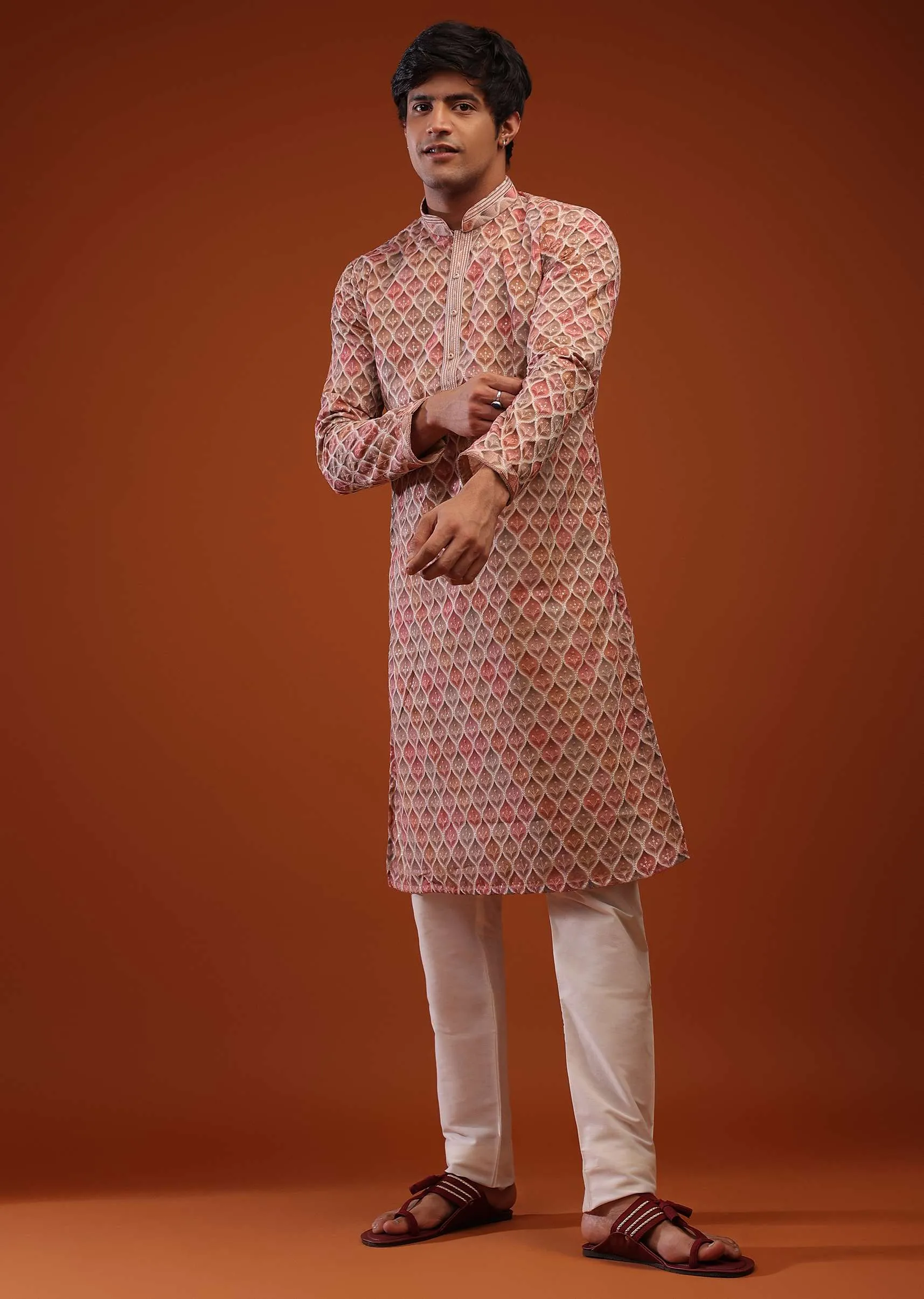 Multi-Color Georgette Kurta In Shaded Block Print, Sequins Embroidery And Floral Buttis