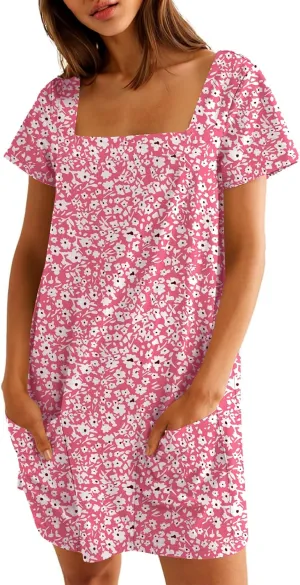 Naggoo Women Summer Sundresses Short Sleeve Square Neck Shift Tshirt Mini Dress with Pockets