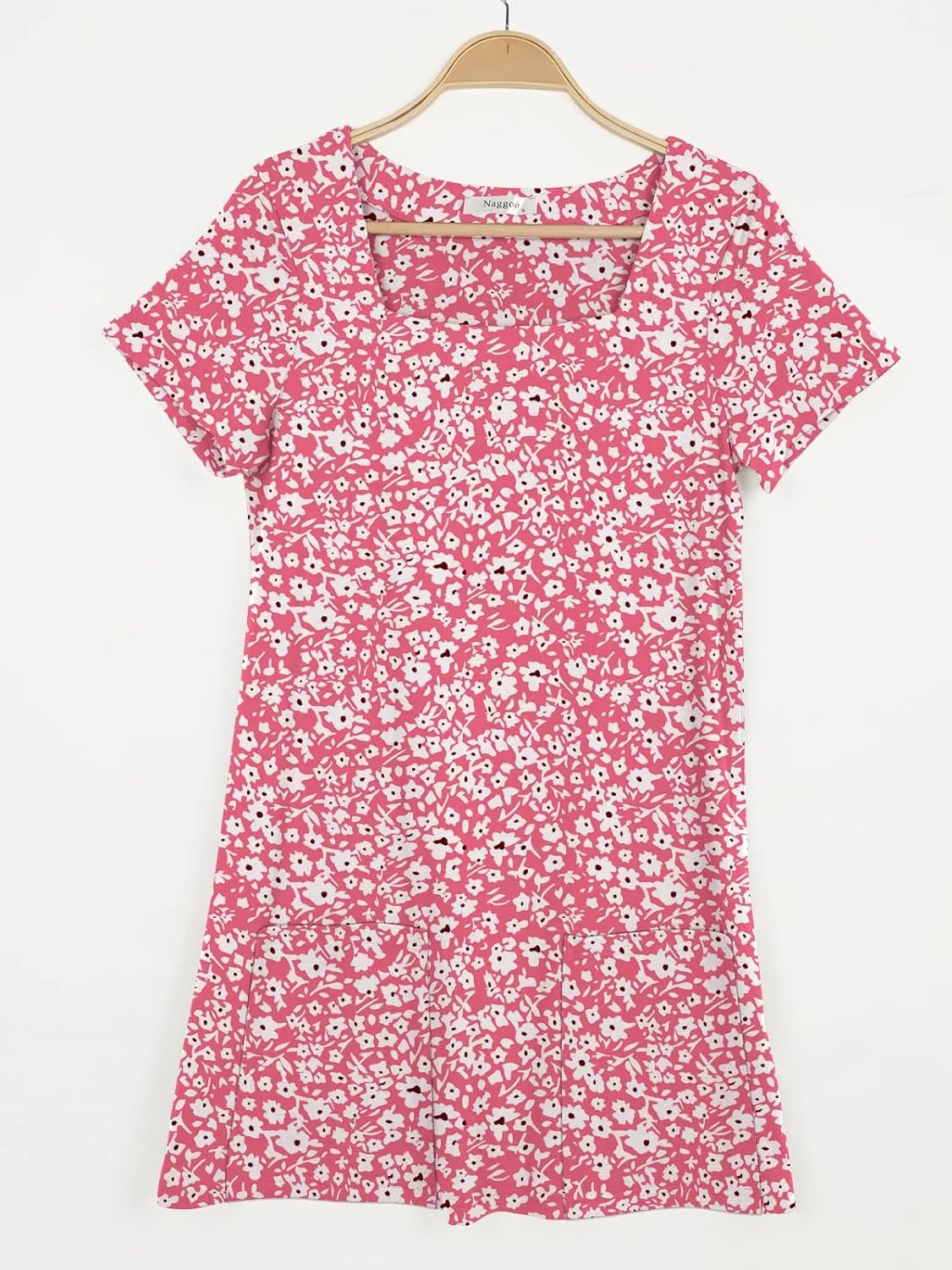 Naggoo Women Summer Sundresses Short Sleeve Square Neck Shift Tshirt Mini Dress with Pockets