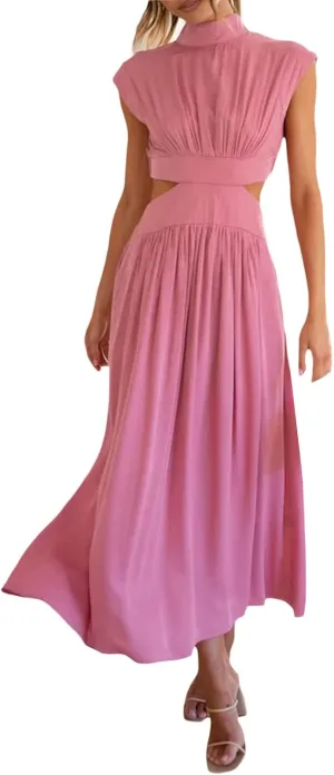 NUFIWI Women Sexy Cutout Waist Midi Dress Mock Neck Sleeveless Pleated Dress Bodycon Ruffle Swing Party Cocktail Dress