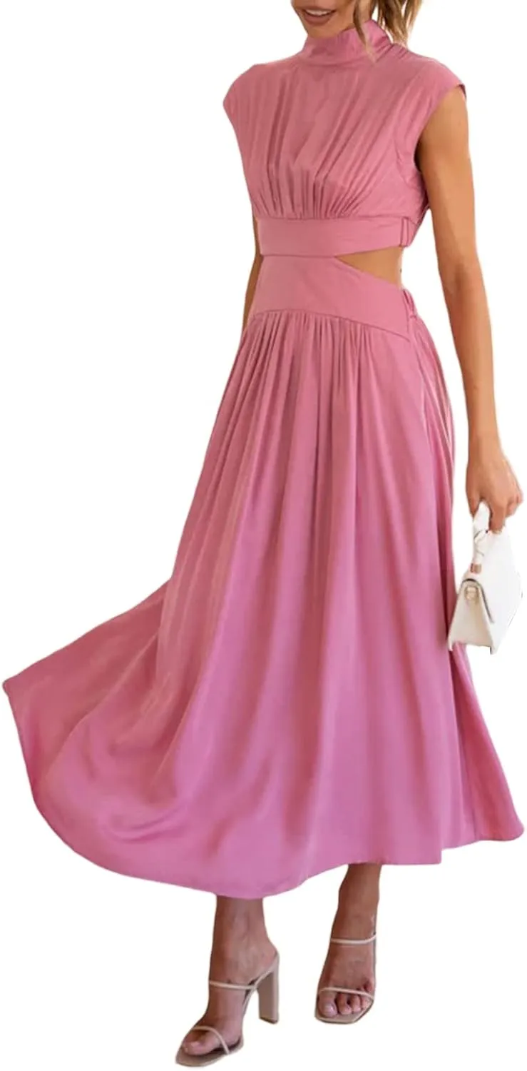 NUFIWI Women Sexy Cutout Waist Midi Dress Mock Neck Sleeveless Pleated Dress Bodycon Ruffle Swing Party Cocktail Dress