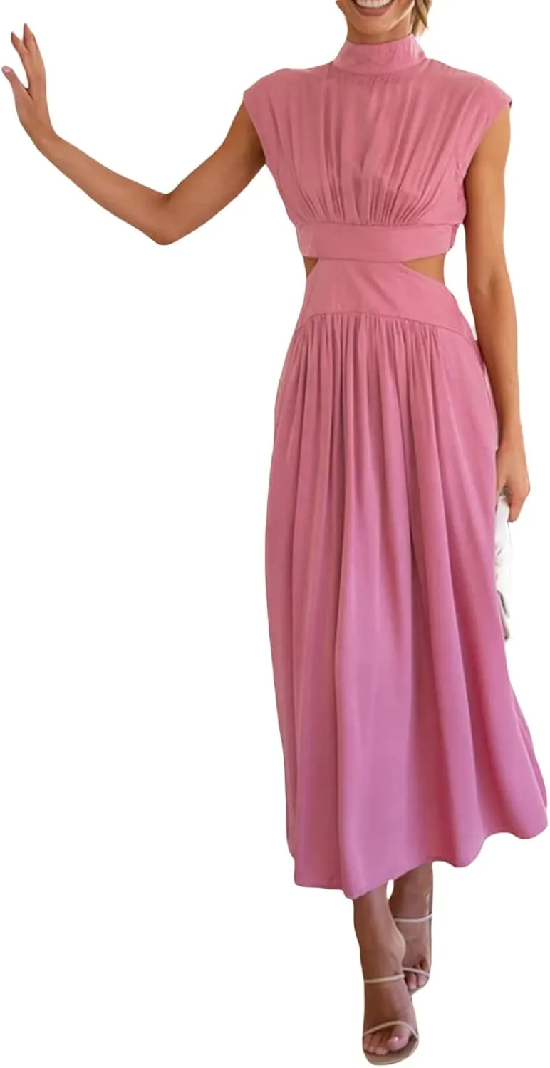 NUFIWI Women Sexy Cutout Waist Midi Dress Mock Neck Sleeveless Pleated Dress Bodycon Ruffle Swing Party Cocktail Dress