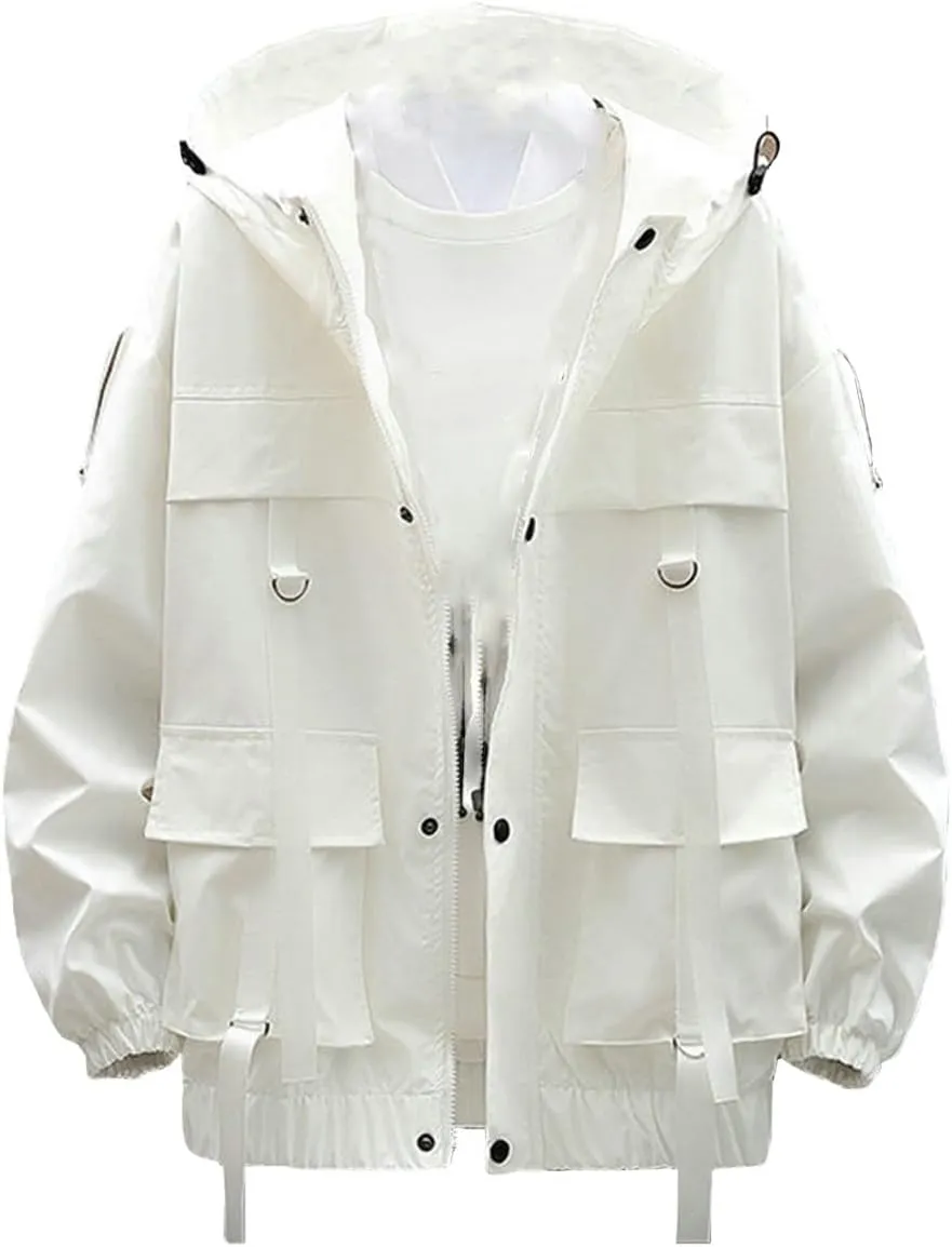 Nutriangee Mens Hip Hop Streetwear Windbreaker Jacket Lightweight Casual Outdoor Bomber with Ribbons Coat