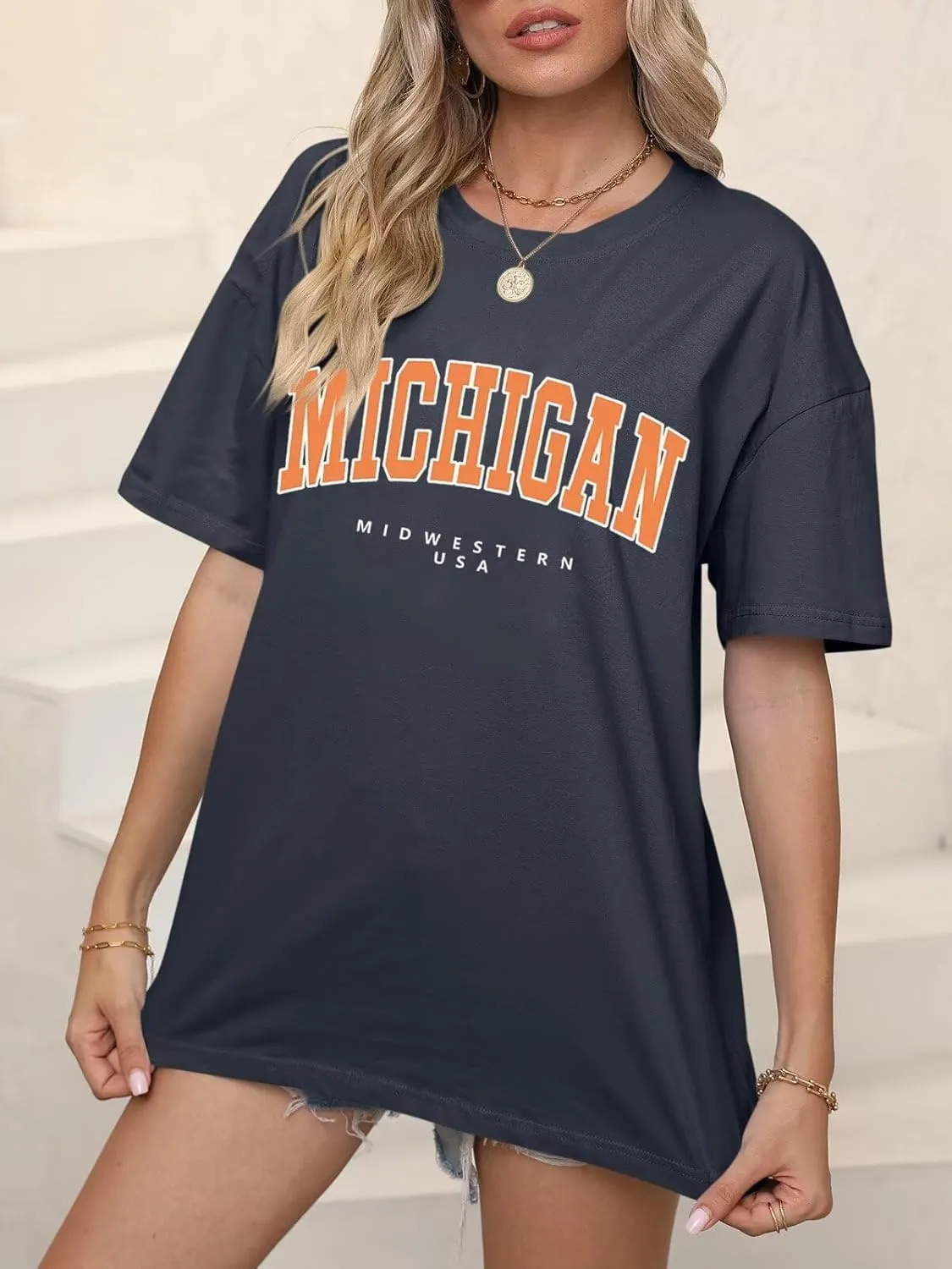 ORANDESIGNE Womens Oversized Graphic Print Short Sleeve Tunic Tops Crew Neck Casual Drop Shoulder T Shirts
