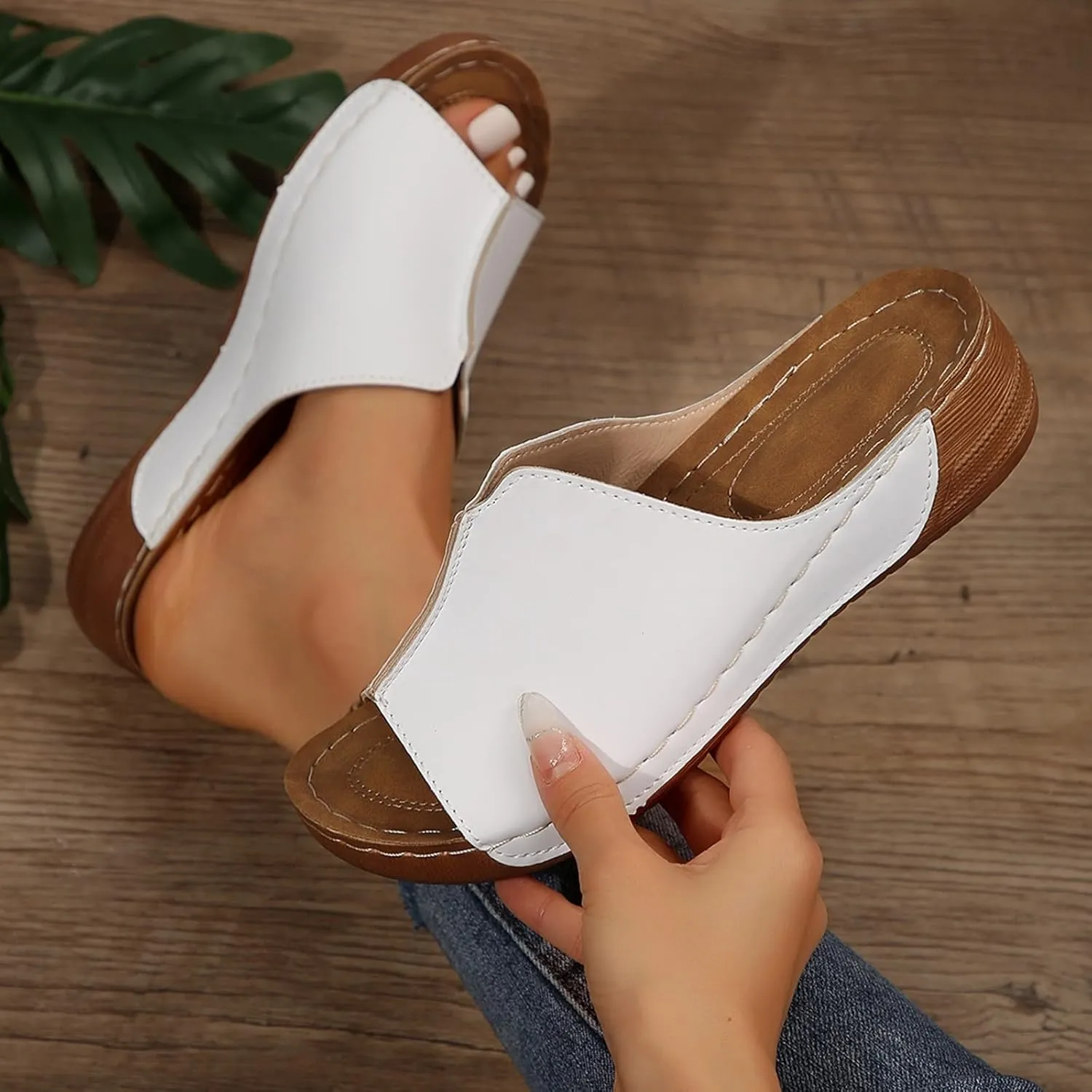 Orthopedic Sandals for Women 2025 Comfortable Arch Support Slides Womens Wedge Sandals Shoes Breathable Summer Leather Slip on Women All Day Walking Casual Sandal