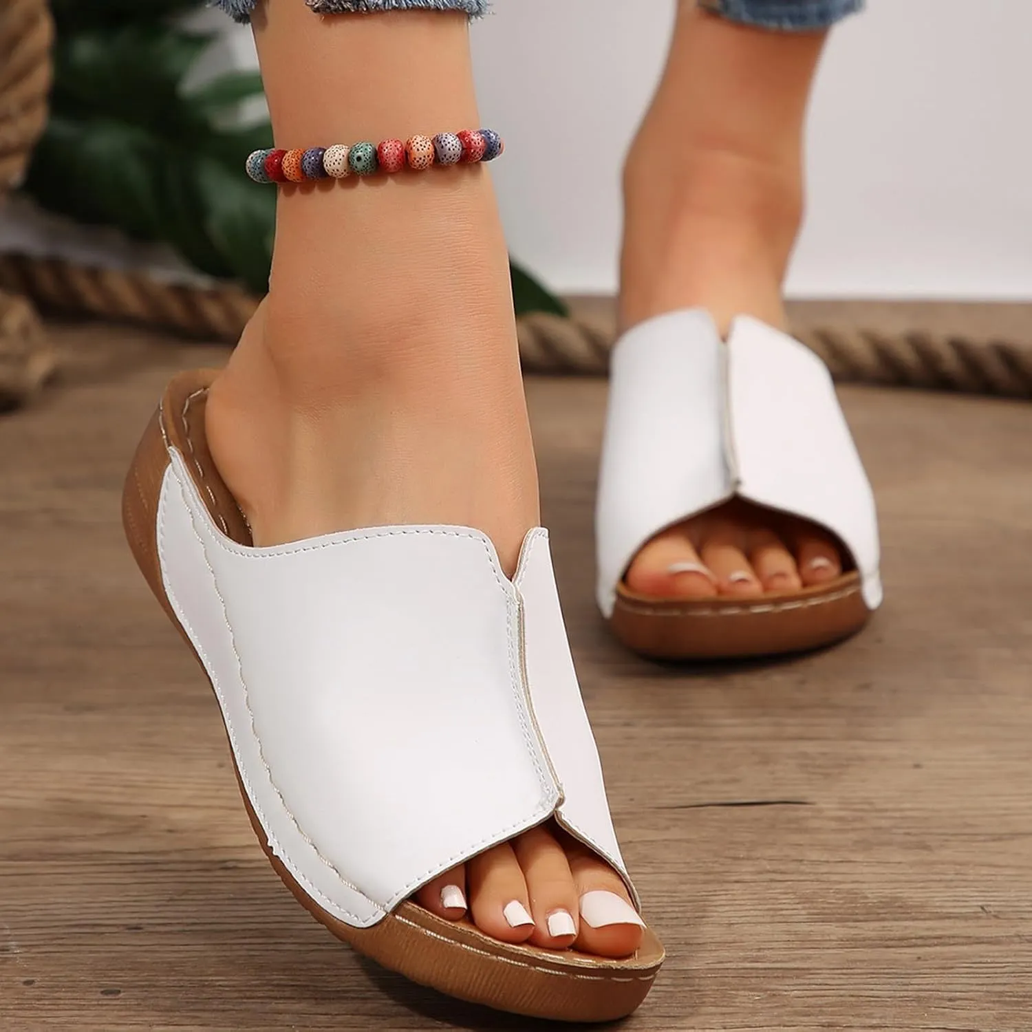 Orthopedic Sandals for Women 2025 Comfortable Arch Support Slides Womens Wedge Sandals Shoes Breathable Summer Leather Slip on Women All Day Walking Casual Sandal