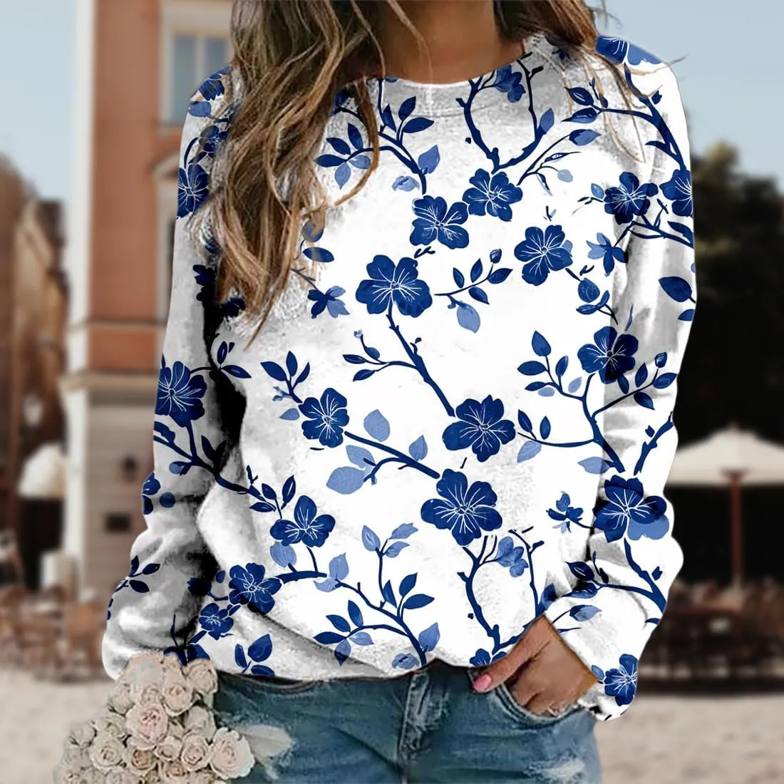 Plus Size Flower Tops for Women Oversized Long Sleeve Crewneck Graphic Sweatshirts Casual Floral Pullover Shirts