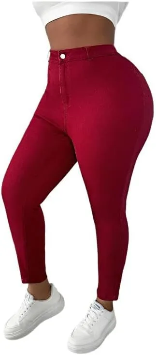 Plus Size Stretchy Skinny Red Denim Jeans  Cropped Length with High-Stretch Comfort