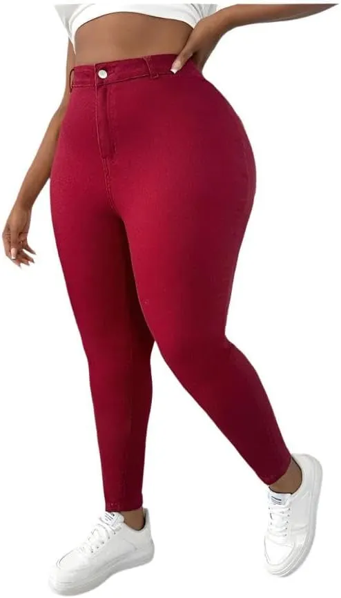 Plus Size Stretchy Skinny Red Denim Jeans  Cropped Length with High-Stretch Comfort