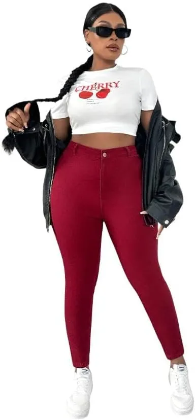 Plus Size Stretchy Skinny Red Denim Jeans  Cropped Length with High-Stretch Comfort