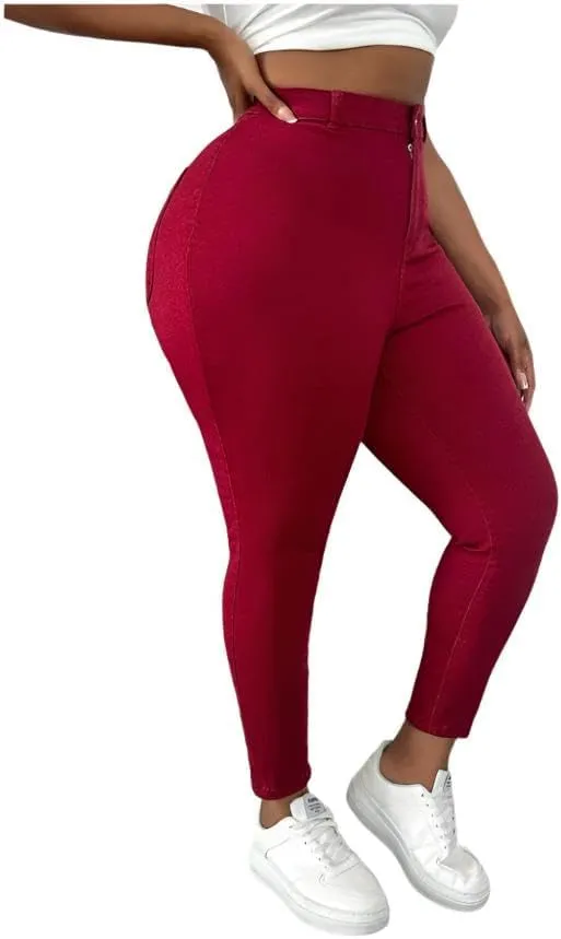 Plus Size Stretchy Skinny Red Denim Jeans  Cropped Length with High-Stretch Comfort