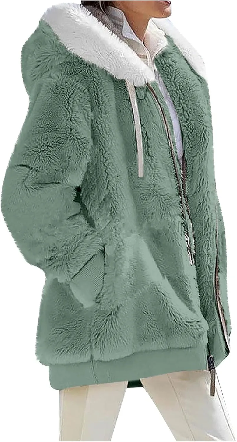 Plus Size Winter Coats for Women Fuzzy Fleece Zip Up Hoodie Jacket Drawstring Color Block Faux Fur Coat with Pocket