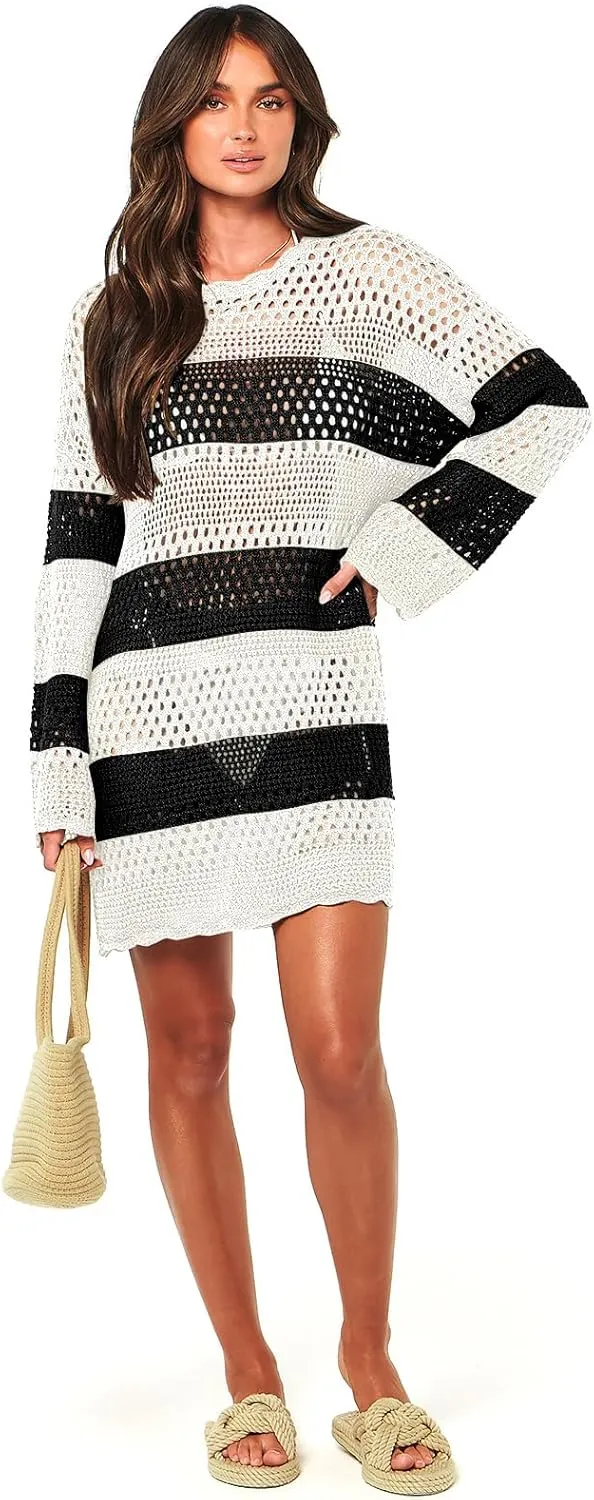 Prinbara Crochet Cover Up for Women Swimsuit Summer Bathing Suit 2025 Swim Hollow Out Bikini Swimwear Mesh Knit Beach Dress