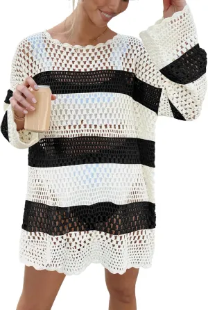 Prinbara Crochet Cover Up for Women Swimsuit Summer Bathing Suit 2025 Swim Hollow Out Bikini Swimwear Mesh Knit Beach Dress