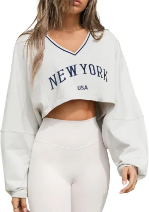 Remidoo Women's Embroidery Graphic V Neck Cropped Sweatshirt Loose Long Sleeve Crop Top