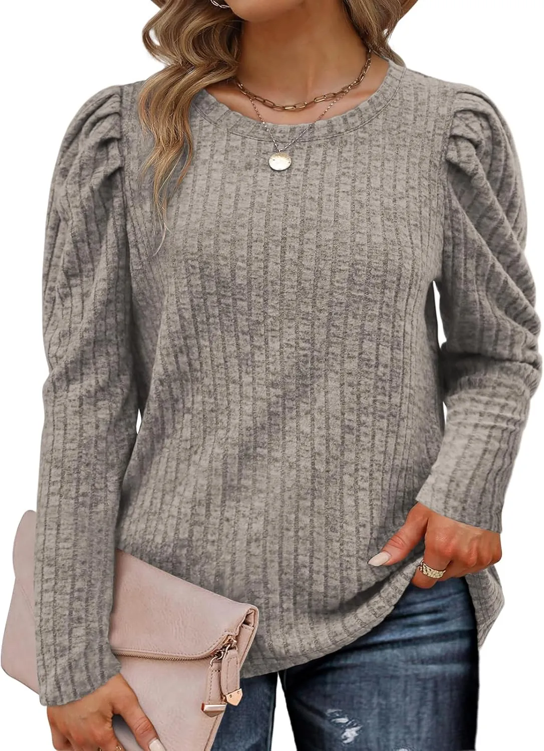 ROSRISS Womens Plus-Size Tops Crewneck Puff Long Sleeve Shirts Dressy Ribbed Knit Tunics Elegant Pullover Sweaters XL-5XL