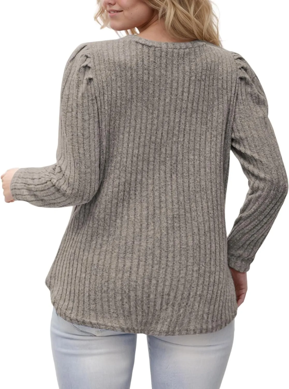 ROSRISS Womens Plus-Size Tops Crewneck Puff Long Sleeve Shirts Dressy Ribbed Knit Tunics Elegant Pullover Sweaters XL-5XL