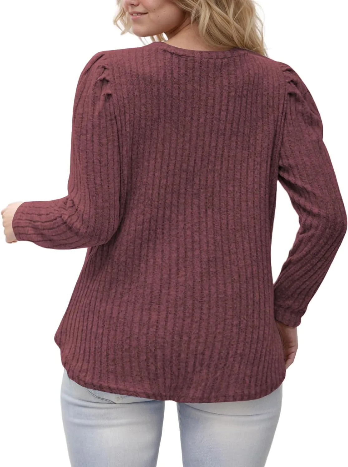 ROSRISS Womens Plus-Size Tops Crewneck Puff Long Sleeve Shirts Dressy Ribbed Knit Tunics Elegant Pullover Sweaters XL-5XL