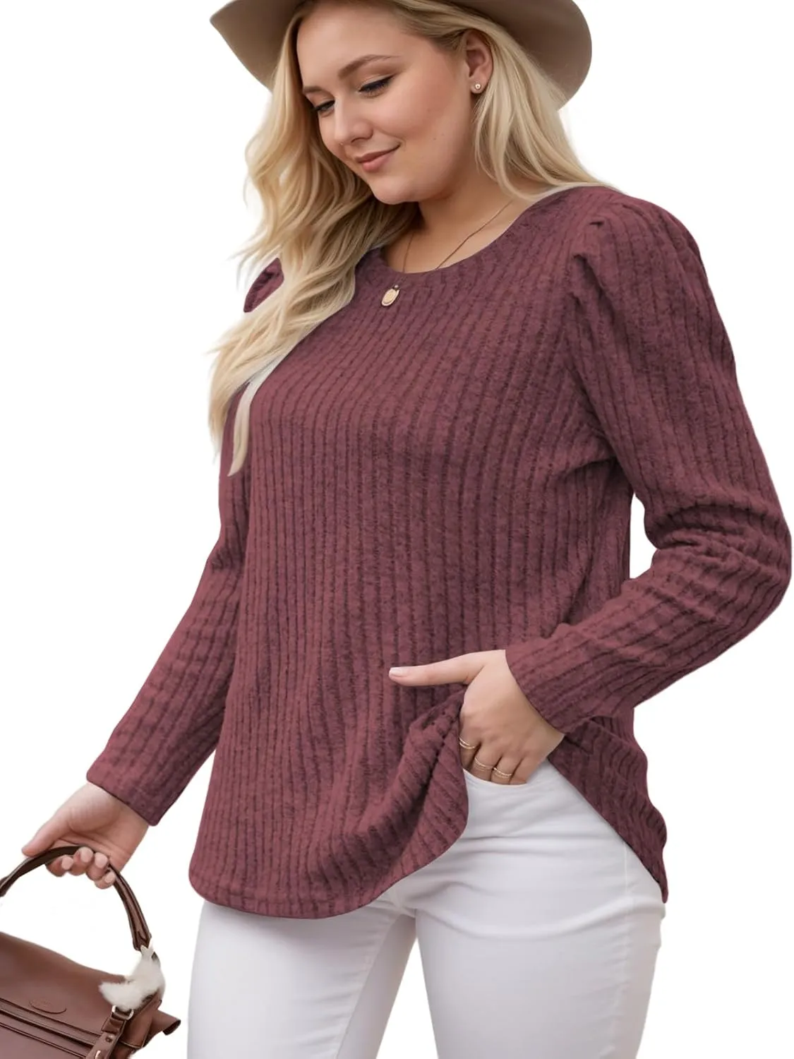 ROSRISS Womens Plus-Size Tops Crewneck Puff Long Sleeve Shirts Dressy Ribbed Knit Tunics Elegant Pullover Sweaters XL-5XL