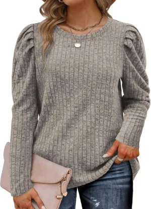 ROSRISS Womens Plus-Size Tops Crewneck Puff Long Sleeve Shirts Dressy Ribbed Knit Tunics Elegant Pullover Sweaters XL-5XL