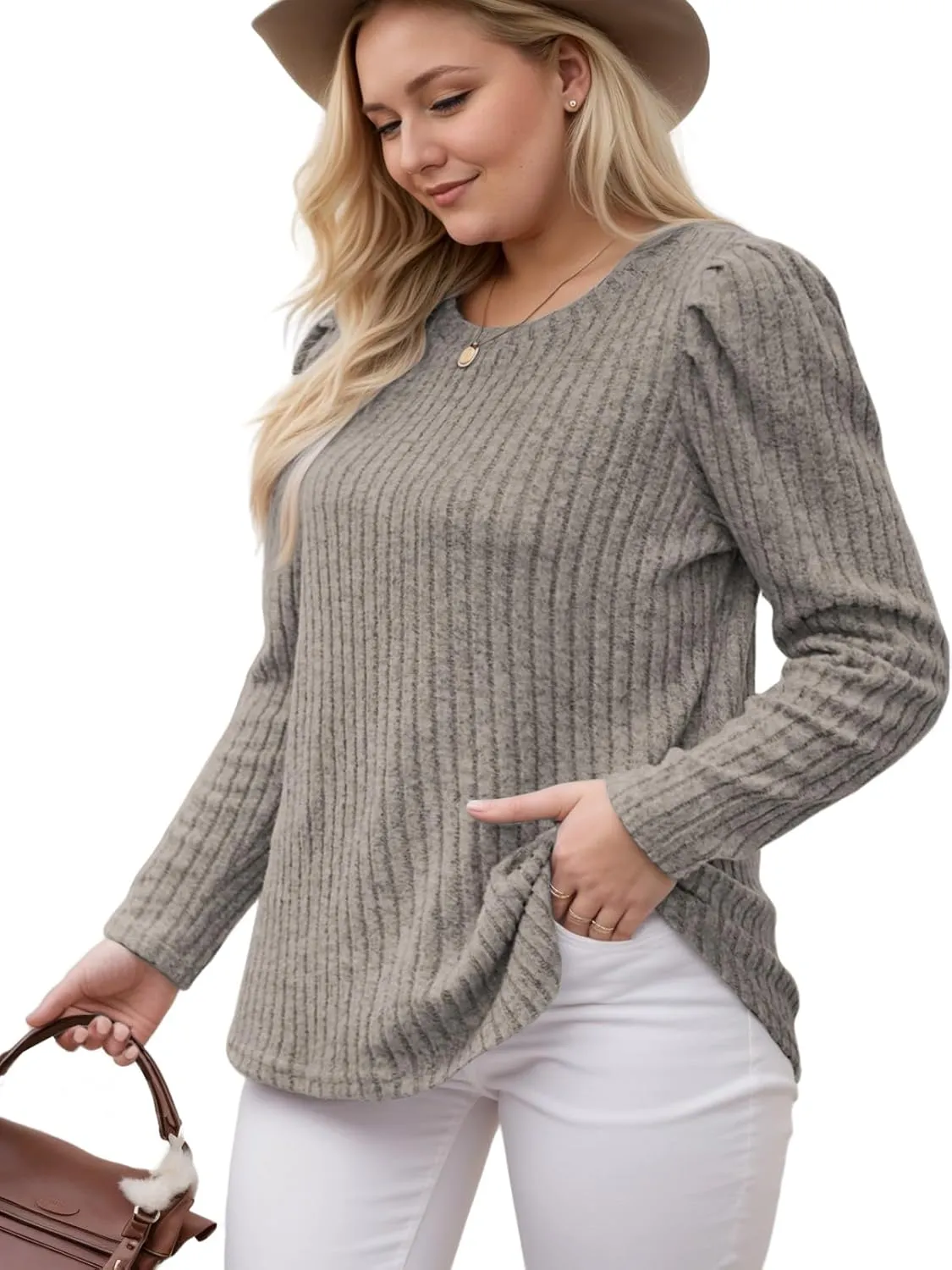 ROSRISS Womens Plus-Size Tops Crewneck Puff Long Sleeve Shirts Dressy Ribbed Knit Tunics Elegant Pullover Sweaters XL-5XL