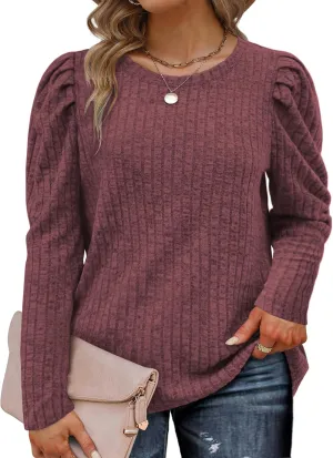 ROSRISS Womens Plus-Size Tops Crewneck Puff Long Sleeve Shirts Dressy Ribbed Knit Tunics Elegant Pullover Sweaters XL-5XL