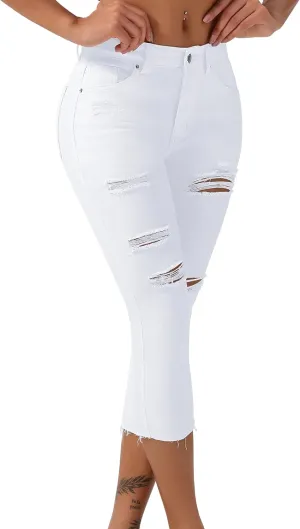 roswear Women's Capri Jeans Ripped Stretch Denim Capris Mid Rise Skinny Cropped Pants
