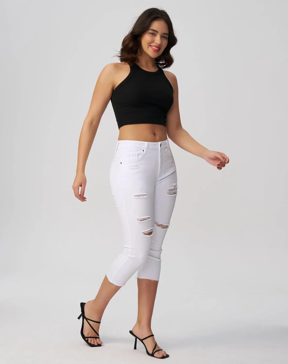 roswear Women's Capri Jeans Ripped Stretch Denim Capris Mid Rise Skinny Cropped Pants
