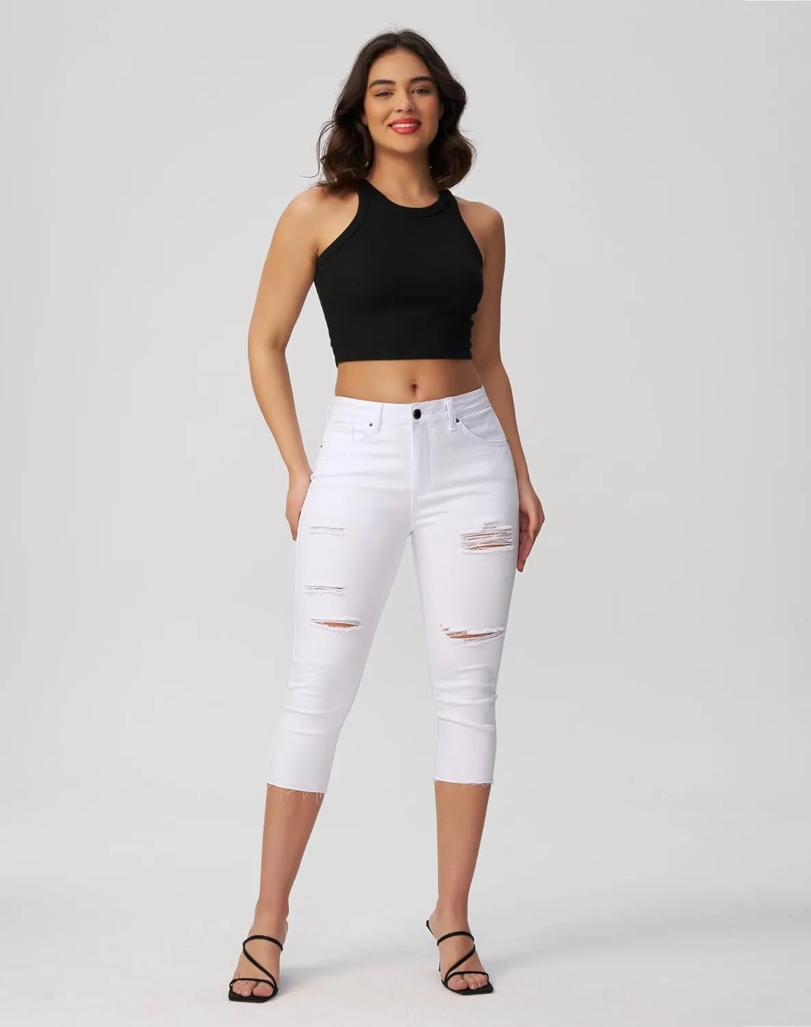 roswear Women's Capri Jeans Ripped Stretch Denim Capris Mid Rise Skinny Cropped Pants