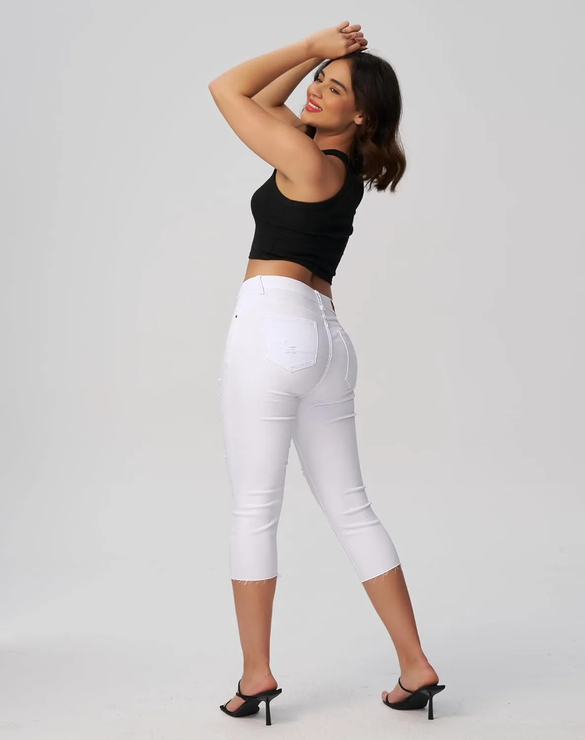 roswear Women's Capri Jeans Ripped Stretch Denim Capris Mid Rise Skinny Cropped Pants