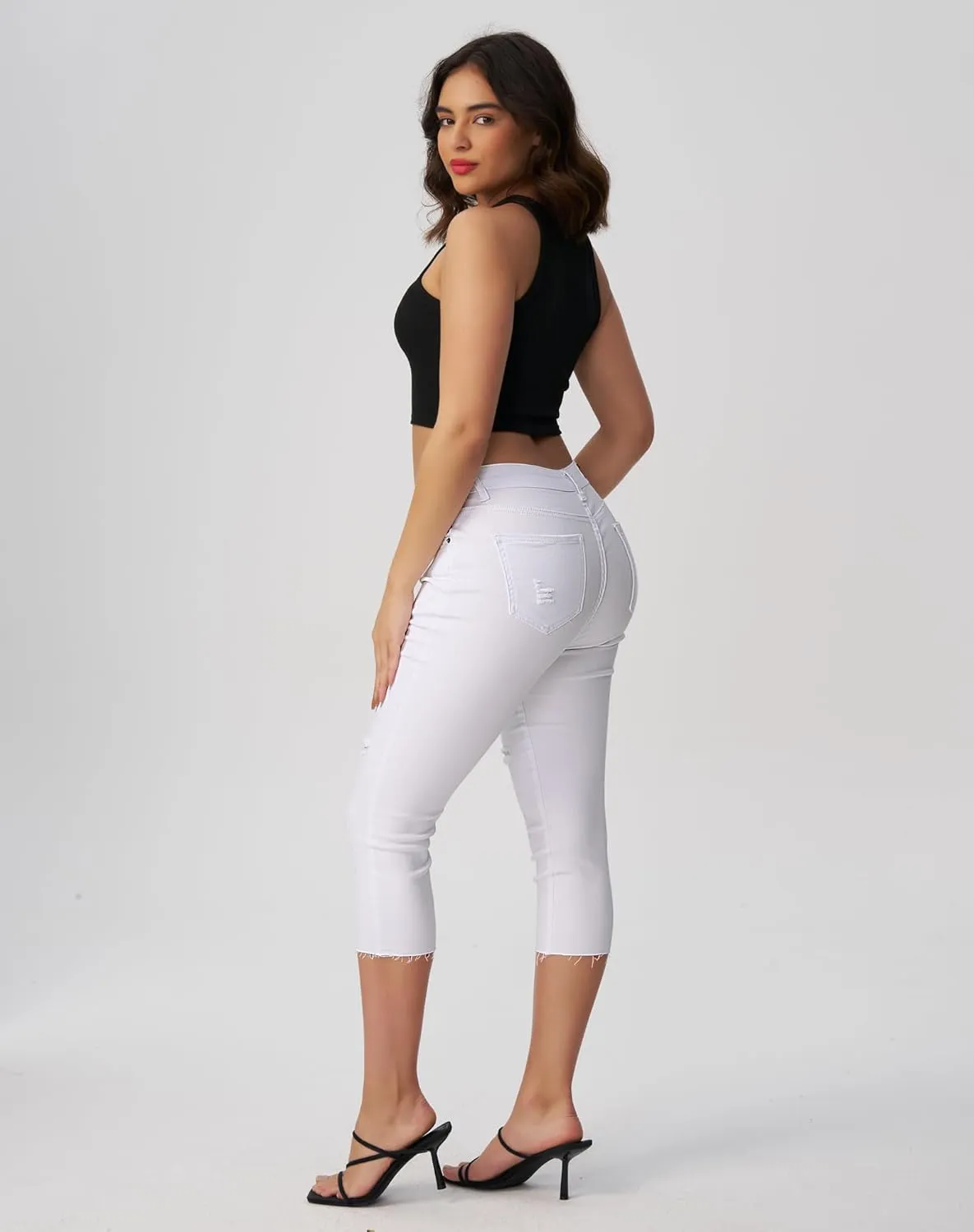 roswear Women's Capri Jeans Ripped Stretch Denim Capris Mid Rise Skinny Cropped Pants