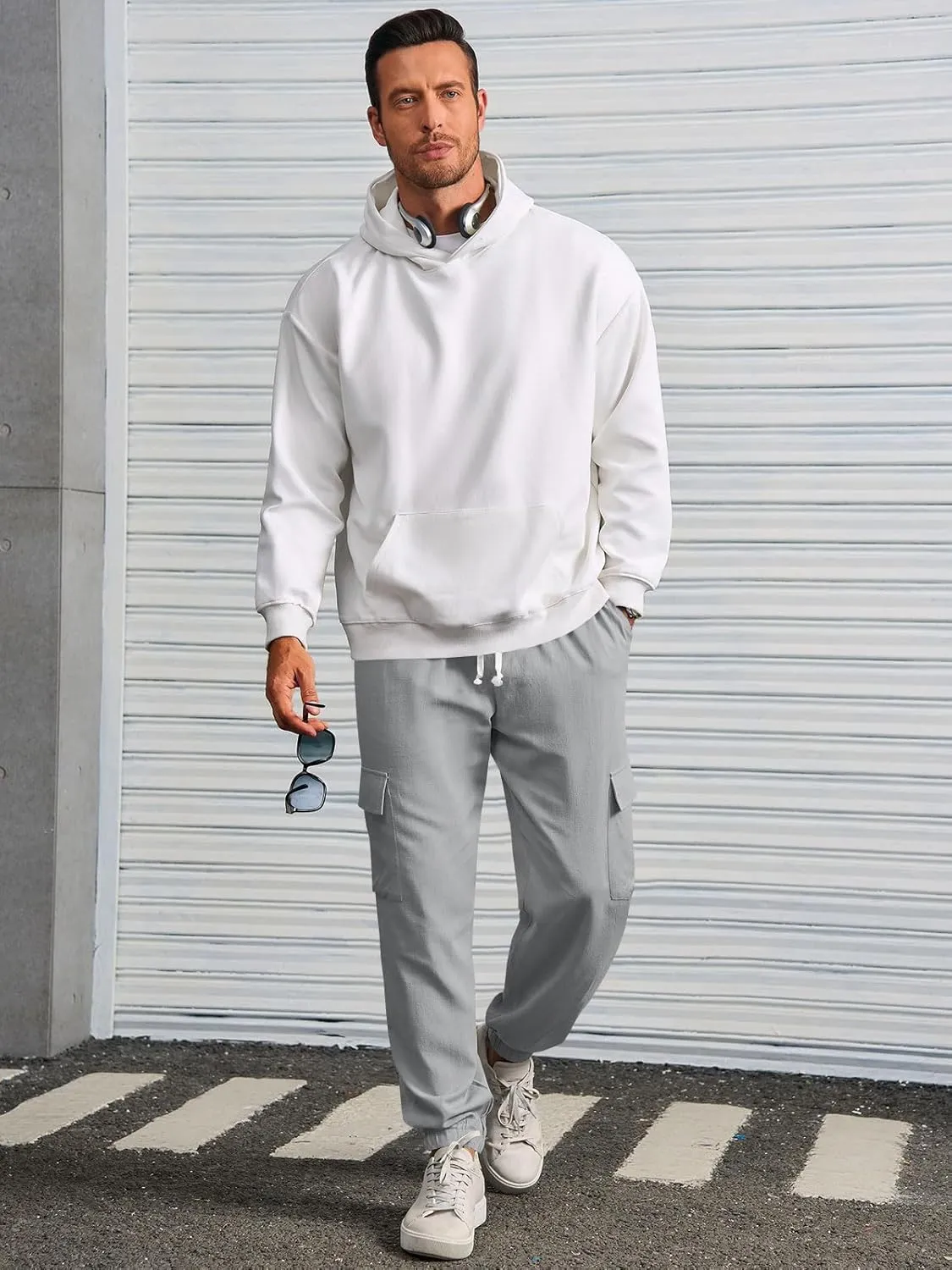 Runcati Mens Cargo Joggers Pants Casual Drawstring Waist Trousers Tapered Lightweight Pants with Pockets