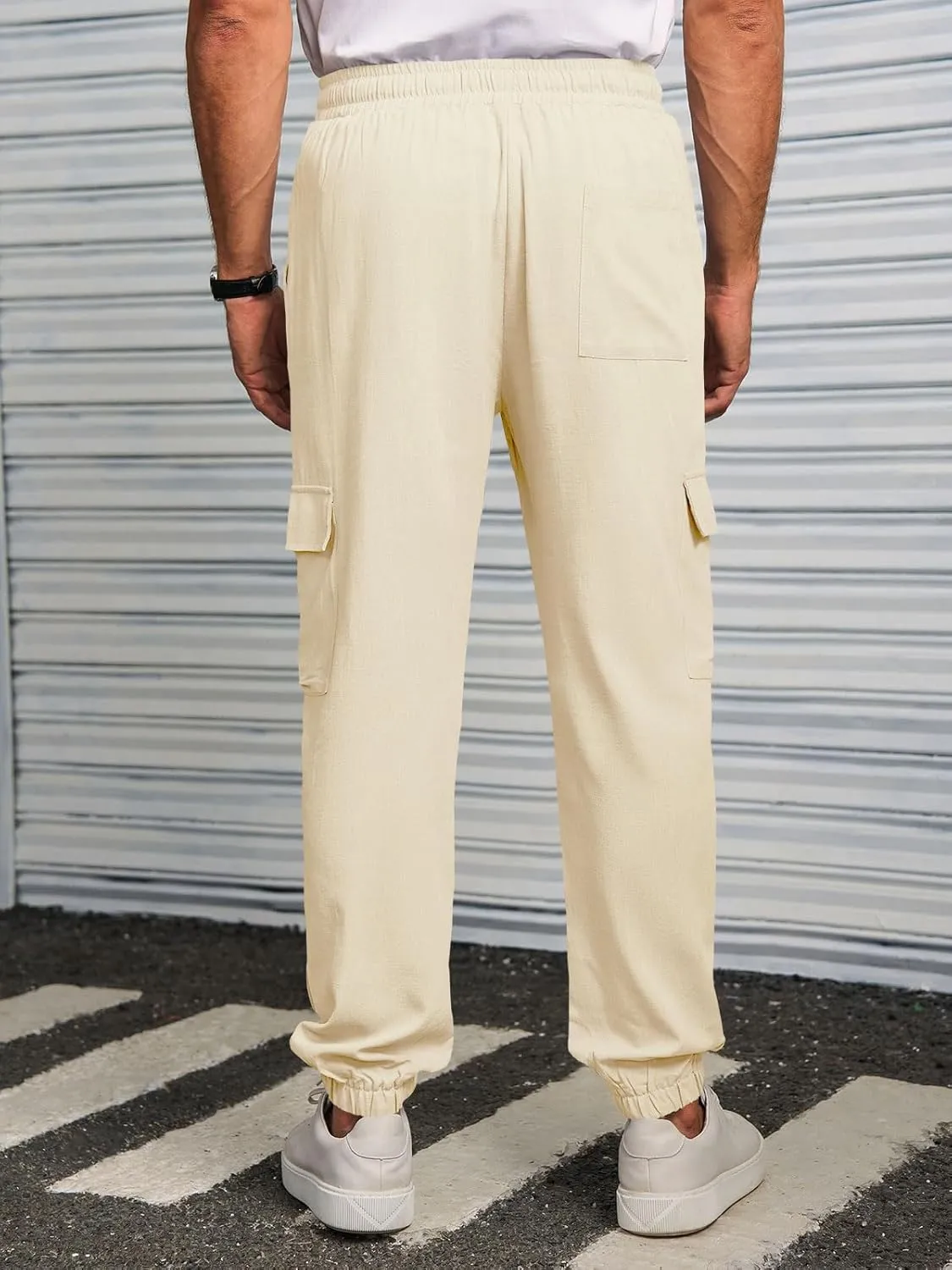 Runcati Mens Cargo Joggers Pants Casual Drawstring Waist Trousers Tapered Lightweight Pants with Pockets