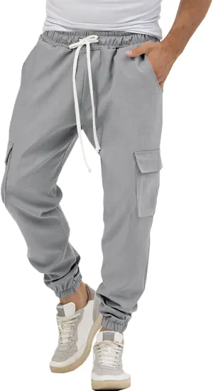 Runcati Mens Cargo Joggers Pants Casual Drawstring Waist Trousers Tapered Lightweight Pants with Pockets