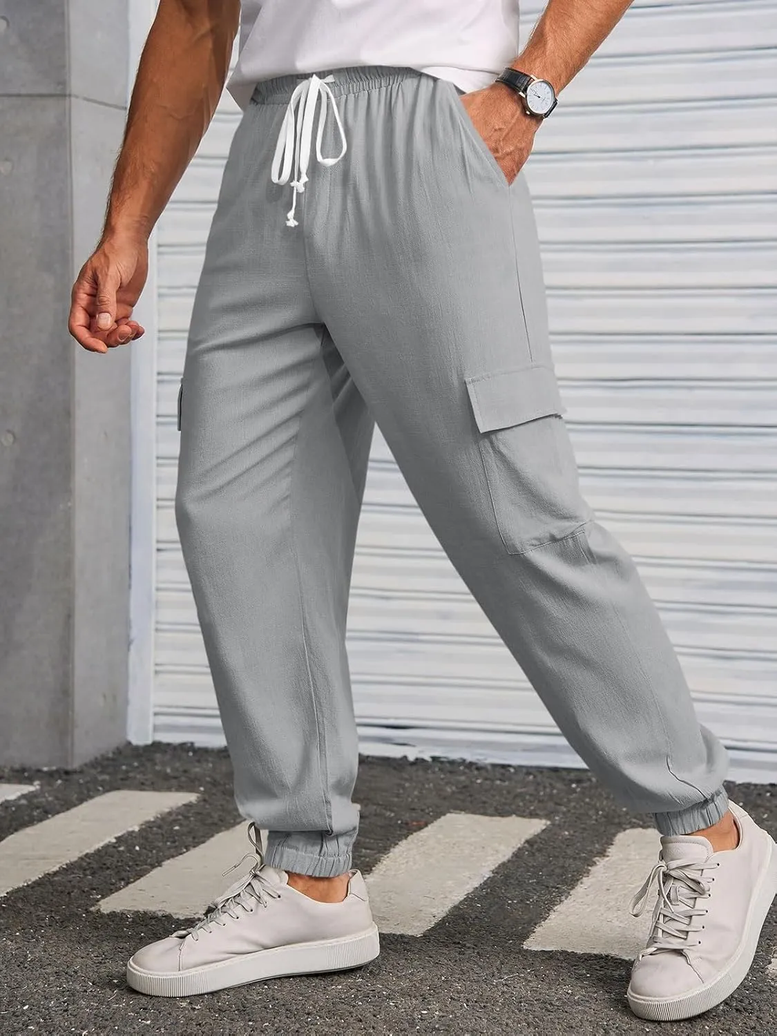 Runcati Mens Cargo Joggers Pants Casual Drawstring Waist Trousers Tapered Lightweight Pants with Pockets