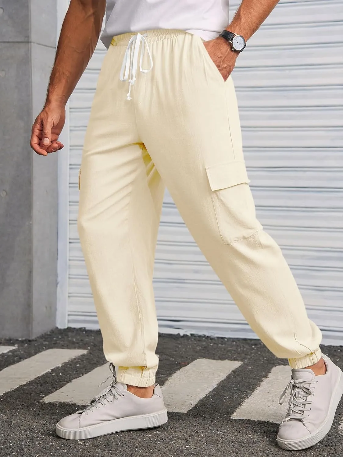 Runcati Mens Cargo Joggers Pants Casual Drawstring Waist Trousers Tapered Lightweight Pants with Pockets