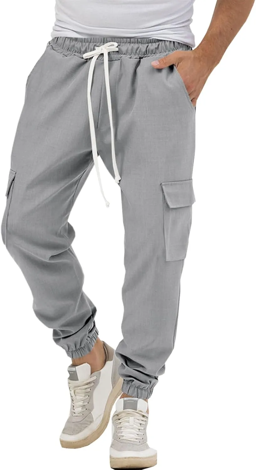 Runcati Mens Cargo Joggers Pants Casual Drawstring Waist Trousers Tapered Lightweight Pants with Pockets
